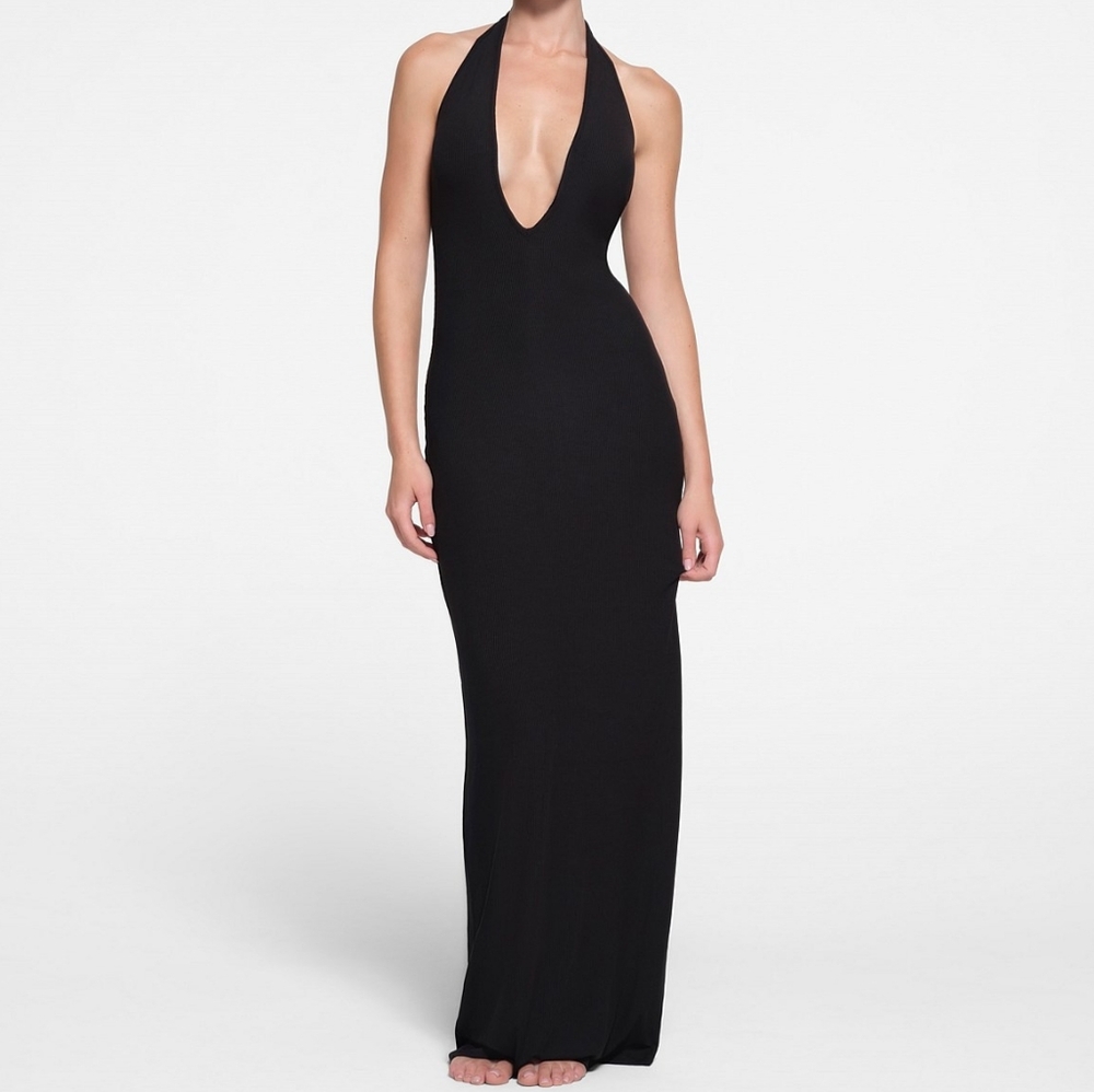 Skims Soft Lounge Plunge Halter Long Dress DS-DRS-6420W Onyx Size Small NWOT